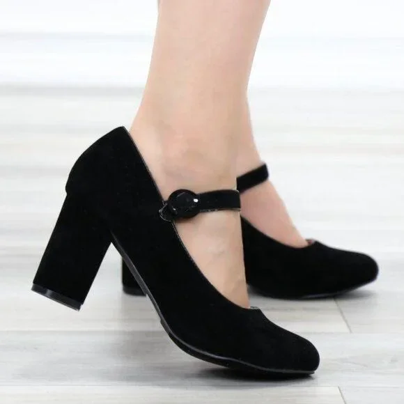 Black Mary Jane Shoes Faux Suede Buckle Strap Chunky Block Heel - Picture 4 of 13